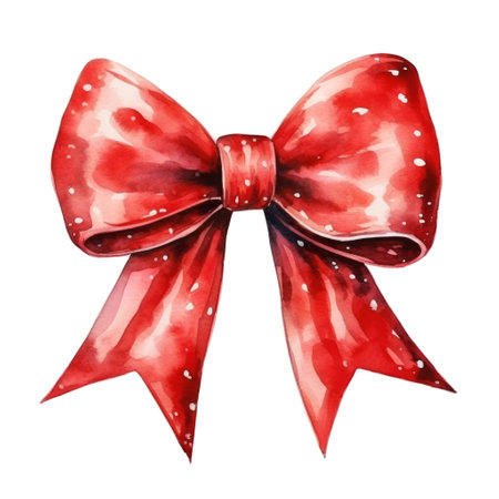 A watercolor illustration of a red bow with small dots on white background. Happy holidays conceptの素材