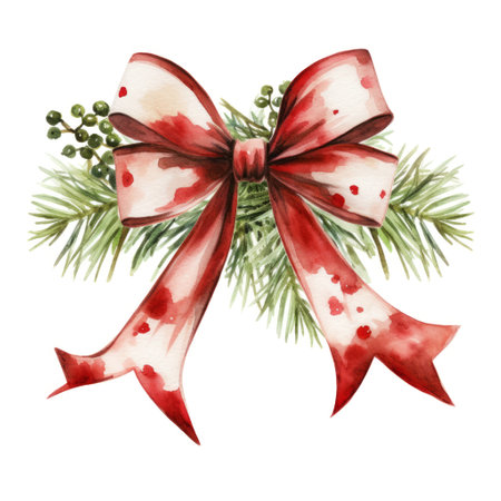 A festive bow with a red and white pattern, surrounded by evergreen foliage and green berries. Winter happy holidays conceptの素材