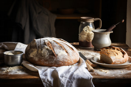 Rustic kitchenware and a dusting of flour and homemade bread in a cozy composition. Artisanal bakery conceptの素材