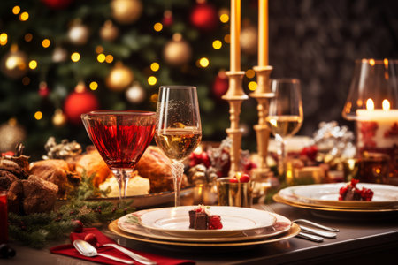 A holiday table setting with glasses of wine, candles, and a Christmas tree in the background. Merry Xmas conceptの素材
