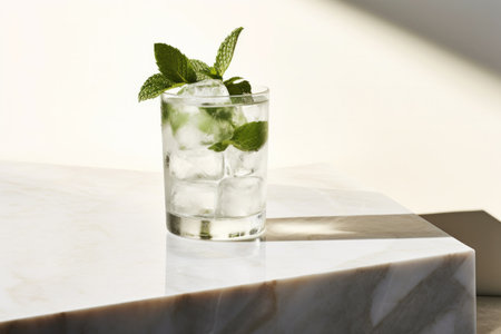 Minimalist cocktail with a sprig of mint crystal clear ice cubes in a sleek glass on a white marble surface with hard sun shadow. Modern beverages conceptの素材