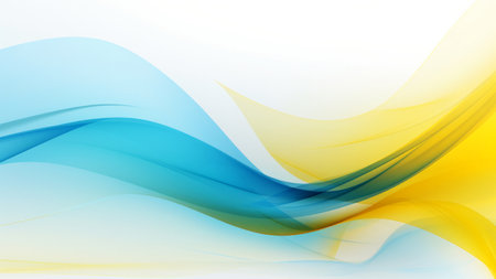 Abstract gentle blue yellow waves design with smooth curves and soft shadows on clean modern background. Fluid gradient motion of dynamic lines on minimal backdropの素材