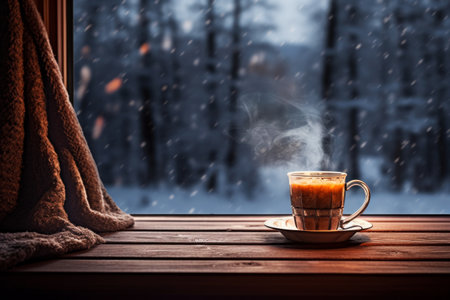 A steaming cup of coffee tea on a wooden windowsill with a snowy winter forest outside. Cozy evening conceptの素材