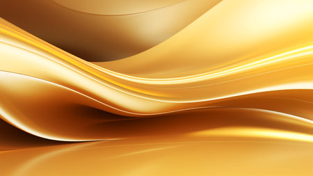 Abstract golden yellow waves design with smooth curves and soft shadows on clean modern background. Fluid gradient motion of dynamic lines on minimal backdropの素材