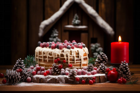 Holiday cake with white frosting and sugared berries on wooden table with pine cone and red candle. Handmade bakery conceptの素材