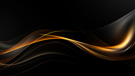 Abstract rich golden black waves design with smooth curves and soft shadows on clean modern background. Fluid gradient motion of dynamic lines on minimal backdropの素材