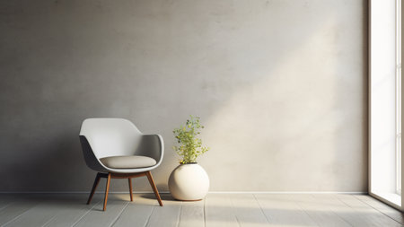 Minimal interior design in Scandinavian style indoor living room with armchair and clay vases near big window. Mock up template copy space for textの素材