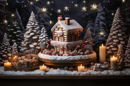 A homemade gingerbread house with snowy trees, candles, and sweets creates a cozy winter scene. Christmas decor conceptの素材