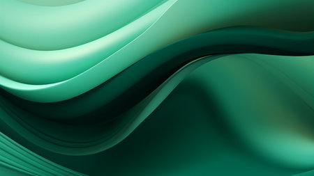 Abstract luxury sea green waves design with smooth curves and soft shadows on clean modern background. Fluid gradient motion of dynamic lines on minimal backdropの素材