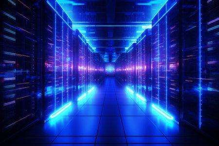 Futuristic data center with glowing blue and purple server racks arranged in a symmetrical pattern. Cybersecurity conceptの素材
