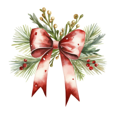 An artistic depiction of a Christmas bow tied among pine boughs and dotted with red berries. Winter happy holidays conceptの素材