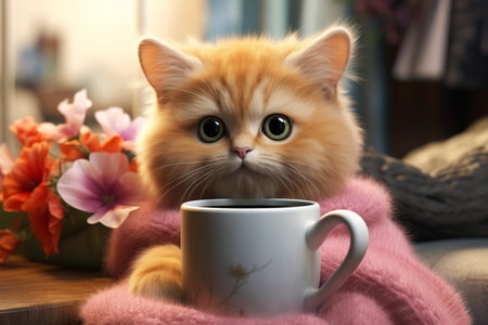 Sweet kitty cat with mug cup of coffee tee wrapped in pink blanket on blooming flowers background. Fantasy animals conceptの素材