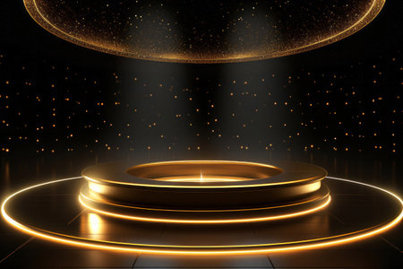 Golden shining scene pedestal in night club with soft glittering lights on shimmering background. Gala evening conceptの素材