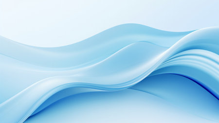 Abstract tender blue waves design with smooth curves and soft shadows on clean modern background. Fluid gradient motion of dynamic lines on minimal backdropの素材