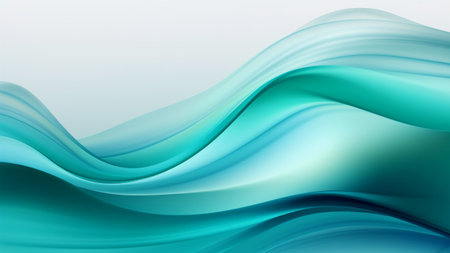 Abstract transparent teal waves design with smooth curves and soft shadows on clean modern background. Fluid gradient motion of dynamic lines on minimal backdropの素材