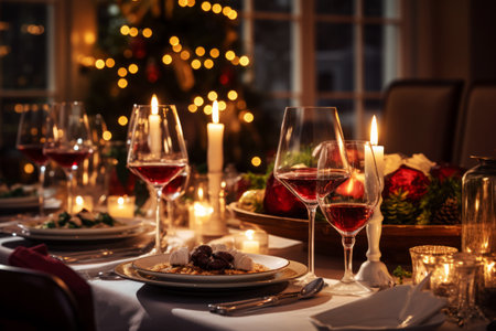 Cozy holiday dinner table setting with glasses of wine, plates, candles, and a Christmas tree in the background. Merry Xmas conceptの素材