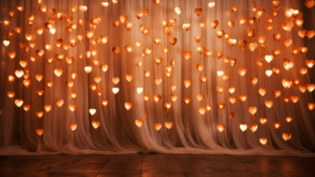 Romantic heart shape garland lights on soft curtain in empty room with wooden floor background. Happy anniversary conceptの素材