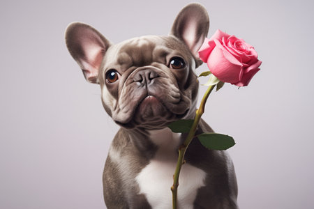 French bulldog with pink rose on soft grey background. Cute animal conceptの素材