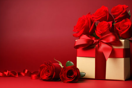 Big present surprise gift box with ribbon and bow standing on red banner background with beautiful roses bouquet. Happy holiday event anniversary conceptの素材