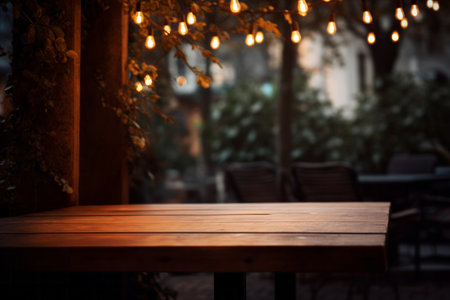 Empty wooden table with a soft focus on the festive blurred bokeh light bulbs hanging from the trees in the background. Cozy evening at cafe conceptの素材