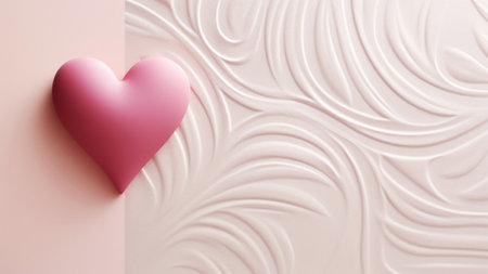 Festive banner with pink 3d heart on minimal textured background top view copy space for text. Anniversary festive event conceptの素材