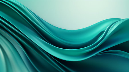 Abstract satin teal waves design with smooth curves and soft shadows on clean modern background. Fluid gradient motion of dynamic lines on minimal backdropの素材