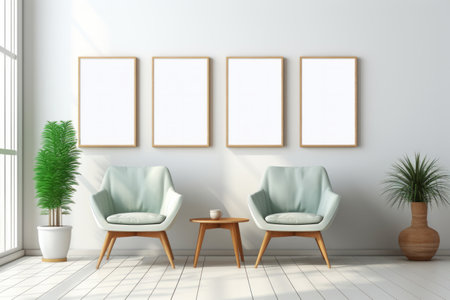 Living room with armchair in Scandinavian interior design with four empty wooden photo frames on light wall. Mock up template copy space for textの素材