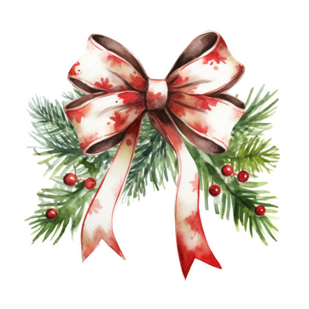A crafted bow sits atop evergreens and holly berries. Winter happy holidays conceptの素材