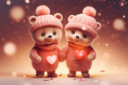 Two lovely bears in warm winter outfit holding hands on snowy bokeh lights pink background. Saint Valentine's Day conceptの素材