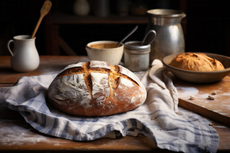 Homey scene with a crusty bread loaf linen cloth and antique cooking utensils. Artisanal bakery conceptの素材