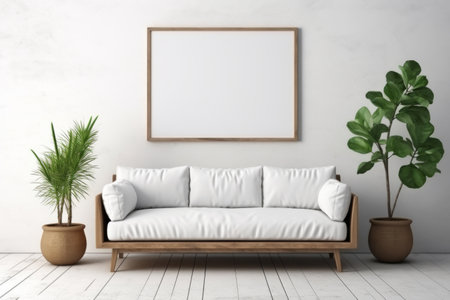 Living room with sofa Scandinavian Nordic interior design with empty wooden photo frame border on light wall. Mock up template copy space for textの素材