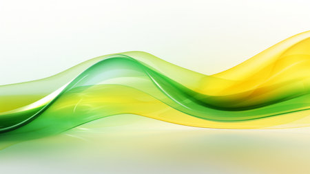 Abstract green and yellow waves design with smooth curves and soft shadows on clean modern background. Fluid gradient motion of dynamic lines on minimal backdropの素材