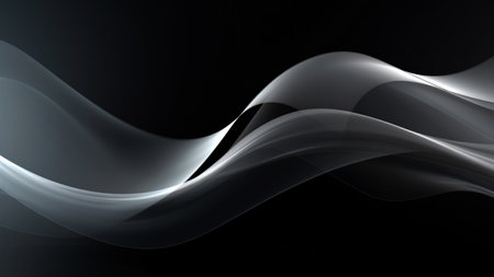 Abstract black white waves design with smooth curves and soft shadows on clean modern background. Fluid gradient motion of dynamic lines on minimal backdropの素材