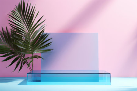 Transparent acrylic  rectangular stage with tropical palm leaf on minimal pink background. Product advertisement conceptの素材