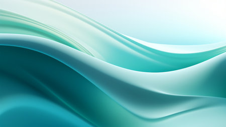 Abstract delicate teal waves design with smooth curves and soft shadows on clean modern background. Fluid gradient motion of dynamic lines on minimal backdropの素材