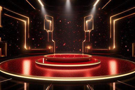 Golden red podium platform with bright projector lights on minimal black background. Night show conceptの素材