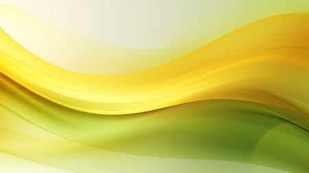 Abstract silk yellow green waves design with smooth curves and soft shadows on clean modern background. Fluid gradient motion of dynamic lines on minimal backdropの素材
