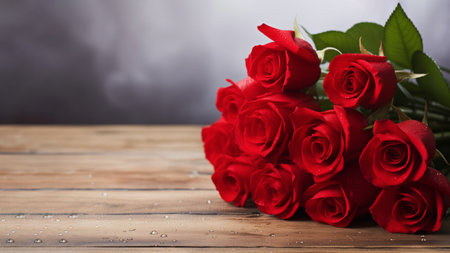 Beautiful bouquet of red roses on wooden table anniversary greeting card. Happy romantic holidaysの素材