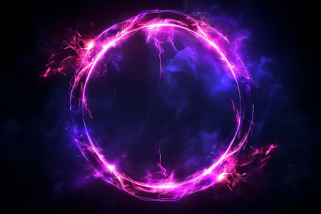 Neon purple doorway portal with luminous lightning on dark blue background. Futuristic time travel conceptの素材