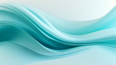 Abstract silk turquoise sea waves design with smooth curves and soft shadows on clean modern background. Fluid gradient motion of dynamic lines on minimal backdropの素材