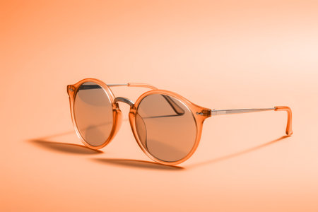 Elegant peach fuzz sunglasses with transparent lenses on minimal background. Modern trendy tone hue shadeの素材
