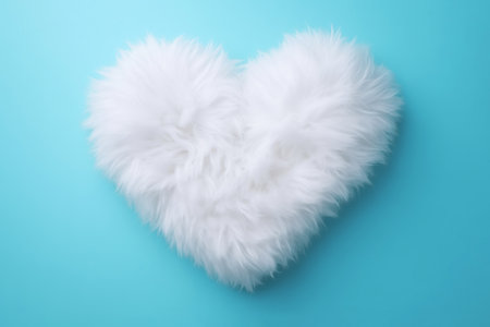 A fluffy white fur heart shape with a soft texture on baby blue minimal background. Love conceptの素材