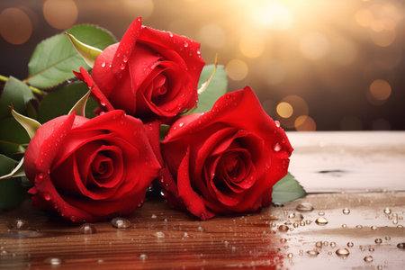 Beautiful red roses with dew drops on wooden table anniversary greeting card. Happy romantic holidaysの素材