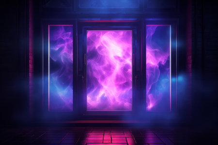 Vivid purple and blue energies swirl behind the glass doors of a dark room. Neon interior designの素材