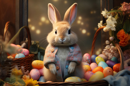 Cute bunny dressed in a cozy jacket sits in a basket of colorful Easter eggs. Happy holidays conceptの素材