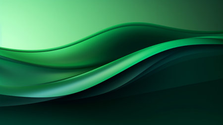 Abstract silk green waves design with smooth curves and soft shadows on clean modern background. Fluid gradient motion of dynamic lines on minimal backdropの素材