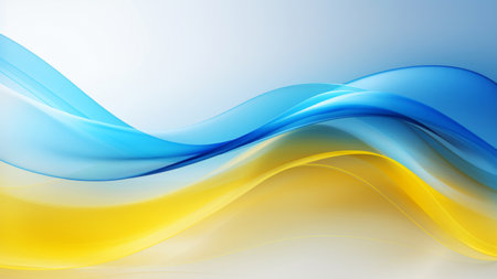 Abstract satin blue yellow waves design with smooth curves and soft shadows on clean modern background. Fluid gradient motion of dynamic lines on minimal backdropの素材
