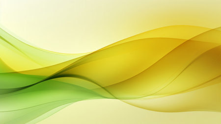 Abstract transparent yellow green waves design with smooth curves and soft shadows on clean modern background. Fluid gradient motion of dynamic lines on minimal backdropの素材