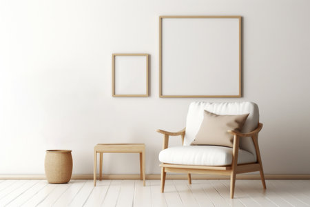 Living room with wooden armchair in Scandinavian interior design with empty photo frame on light wall. Mock up template copy space for textの素材