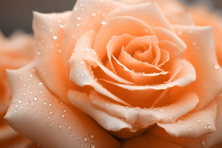 A macro closeup shot of a peach fuzz color rose with water droplets on its petals. Modern trendy tone hue shadeの素材